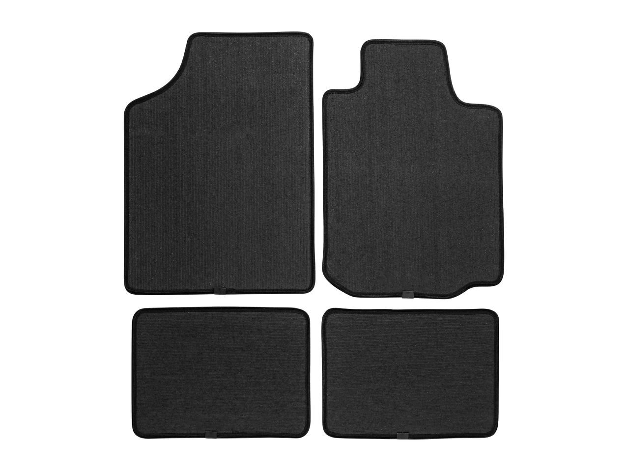 Set of four black car floor mats with ribbed texture and black trim.