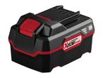 A black and red 20V rechargeable battery pack with a battery level indicator.