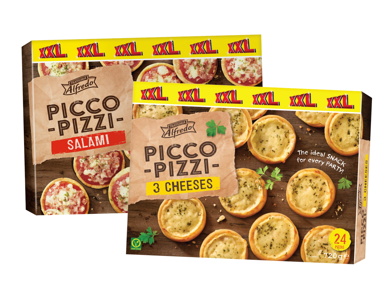 Two packages of Picco Pizzi frozen snacks: Salami and 3 Cheese.