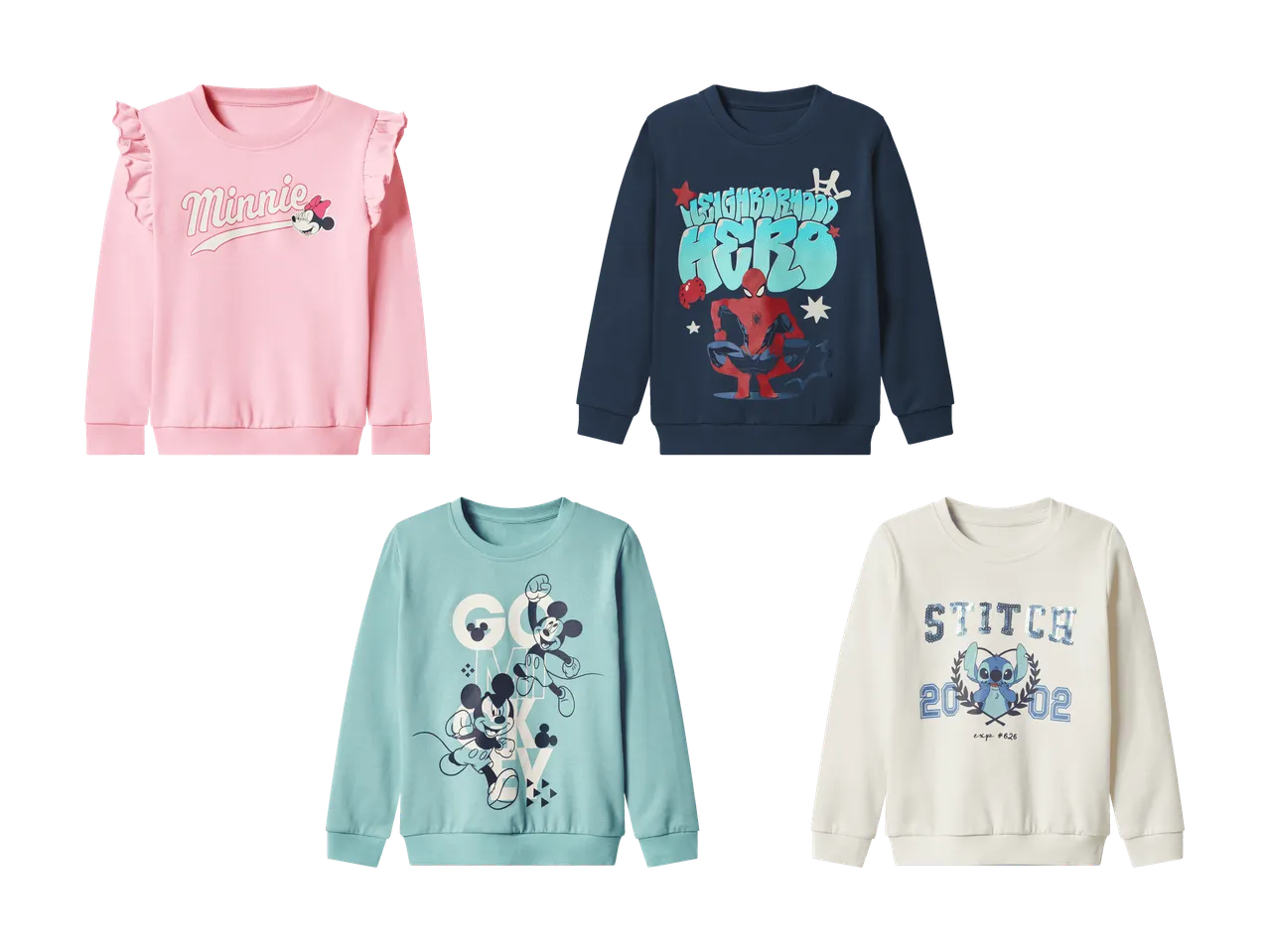 Quatre sweat-shirts pour enfants : rose avec Minnie, bleu avec Spiderman, bleu clair avec Mickey, crème avec Stitch.