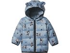 Light blue puffer jacket with Mickey Mouse print and ear details on the hood