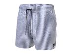 Men's blue and white striped swim shorts with a black drawstring.