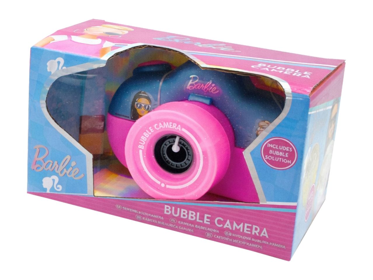 Pink and blue bubble camera toy in a box, with text 'Bubble Camera' and 'Includes Bubble Solution'.
