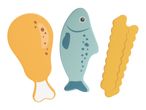 Wooden toy food: chicken drumstick, fish, and crinkle-cut fries.