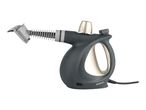 Dark grey handheld garment steamer with a gold-colored handle and nozzle, and a ribbed brush attachment.