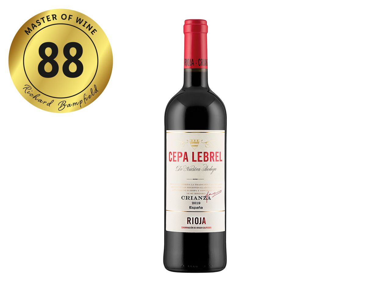 Cepa Lebrel Rioja Crianza wine bottle, 88 points by Richard Bamfield.