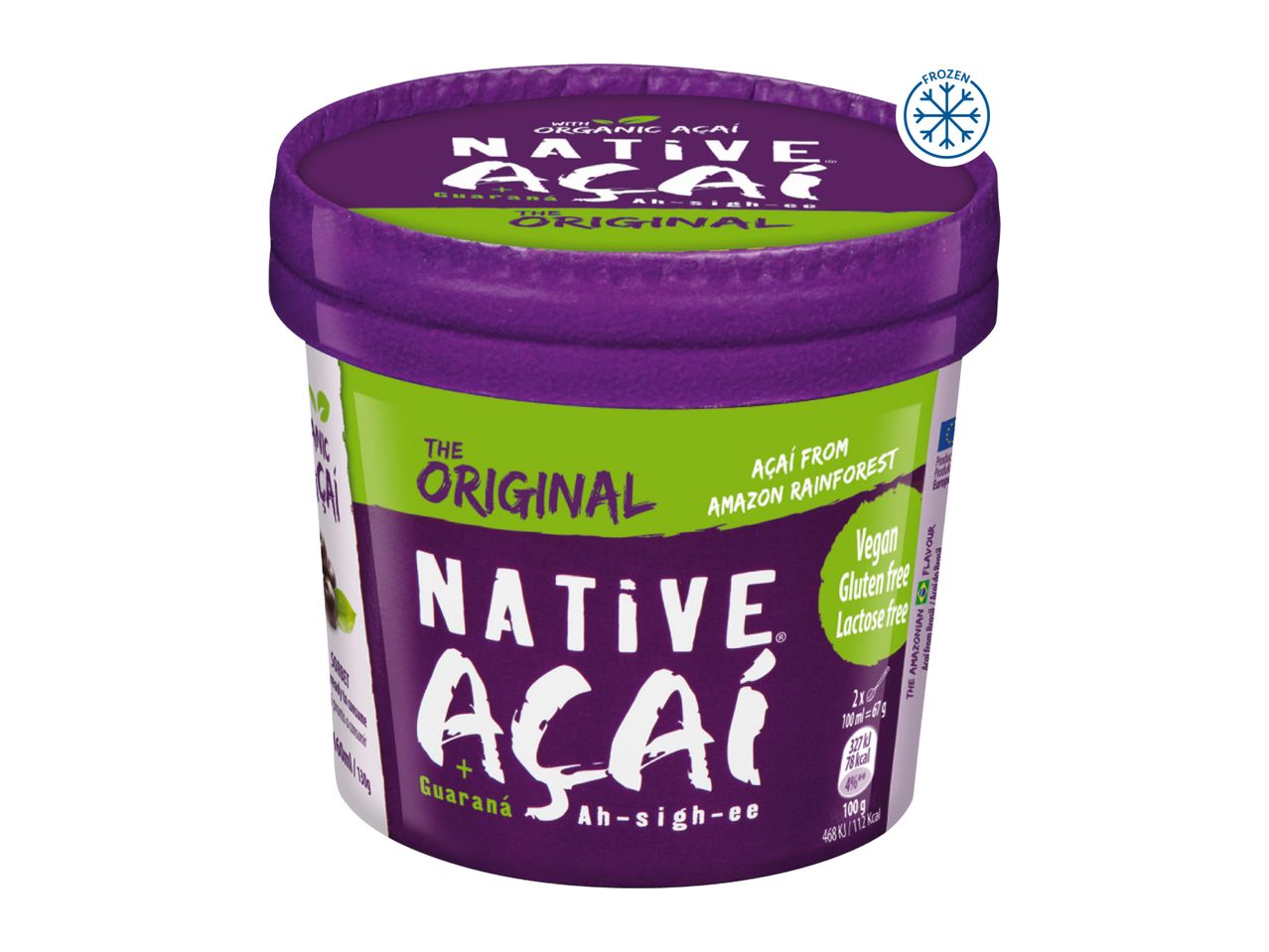 Frozen organic açaí sorbet with guarana, vegan, gluten-free, and lactose-free.