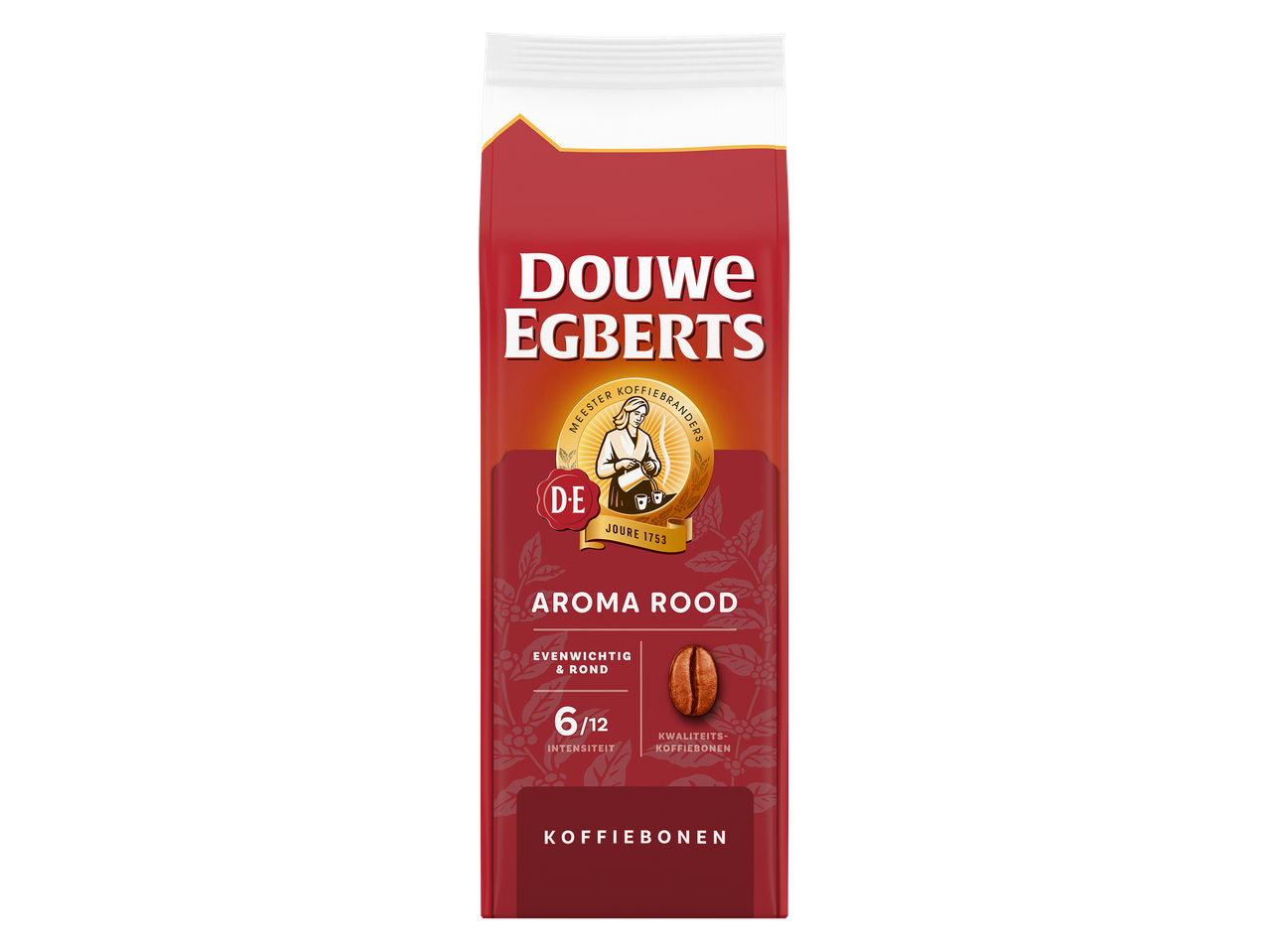 Rode verpakking met koffiebonen, met een intensiteit van 6/12.
