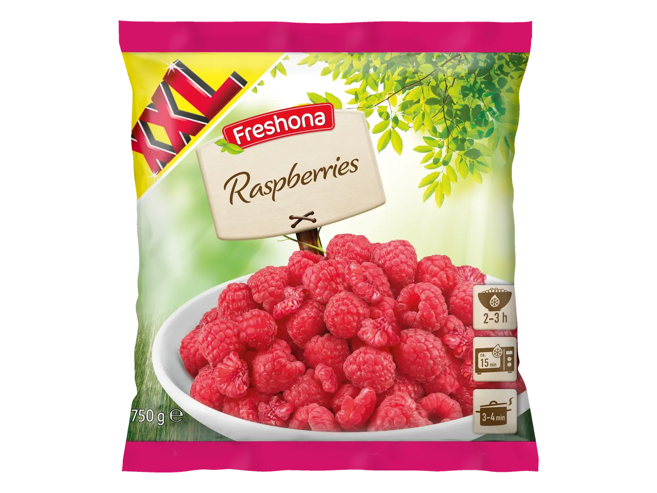 Freshoa frozen raspberries in a 750g bag, ready to thaw and use.