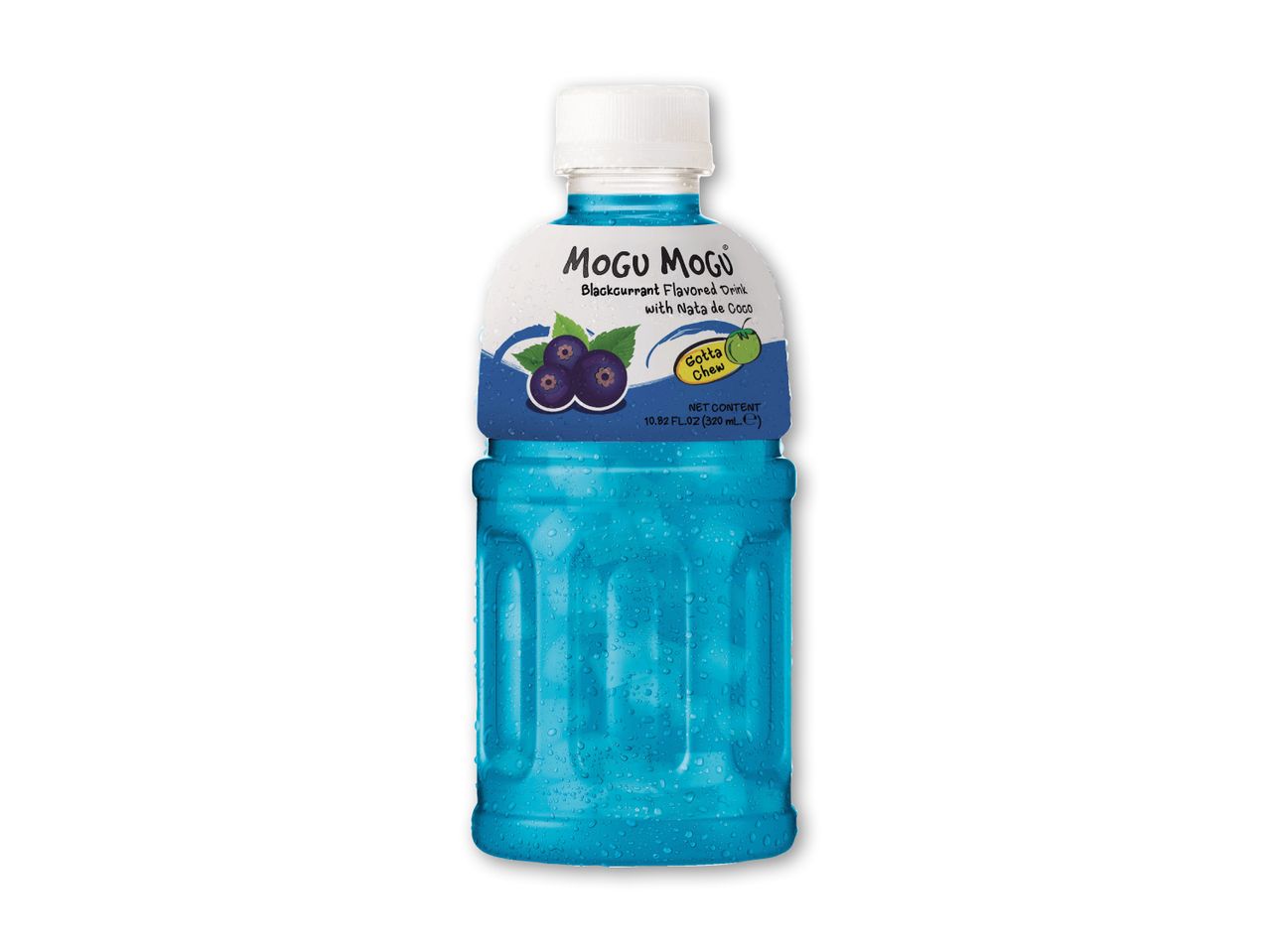 Blåbærdrik med nata de coco i en flaske, med teksten 'Gotta Chew'.