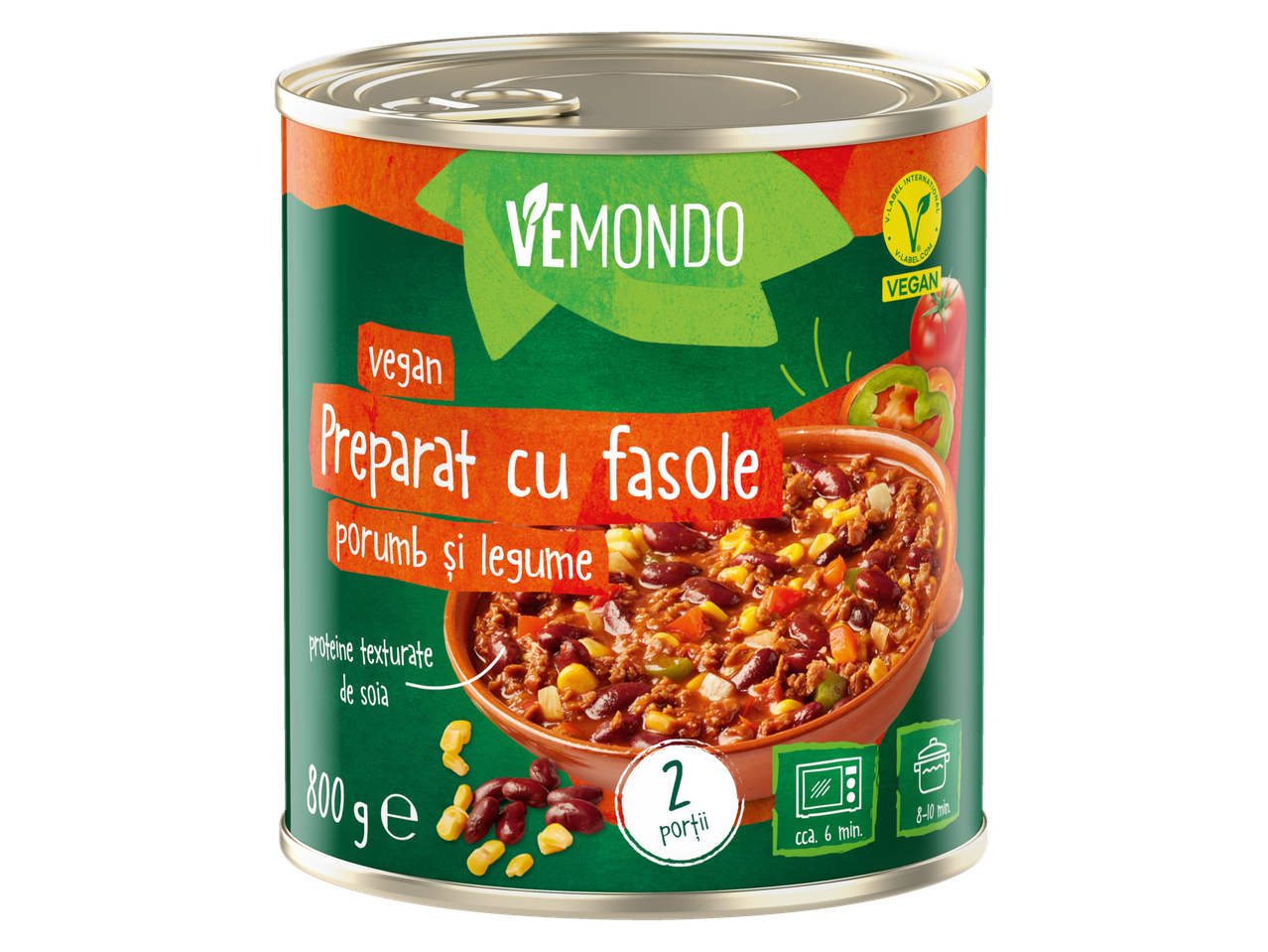 Conserve Vemondo vegană cu fasole, porumb și legume, 800g.