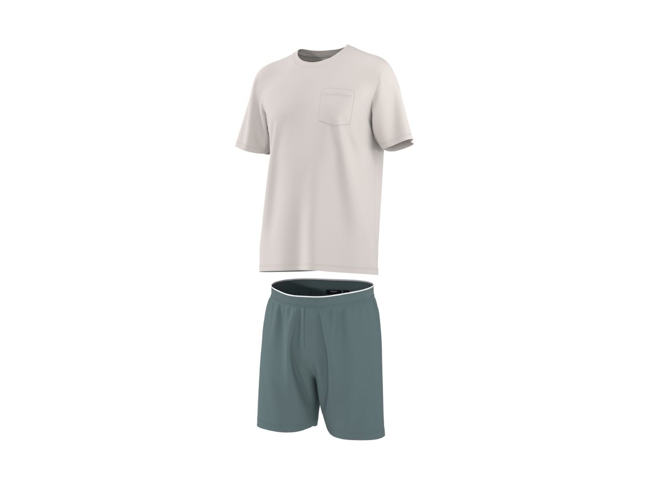 A light beige t-shirt with a pocket and dark teal shorts.
