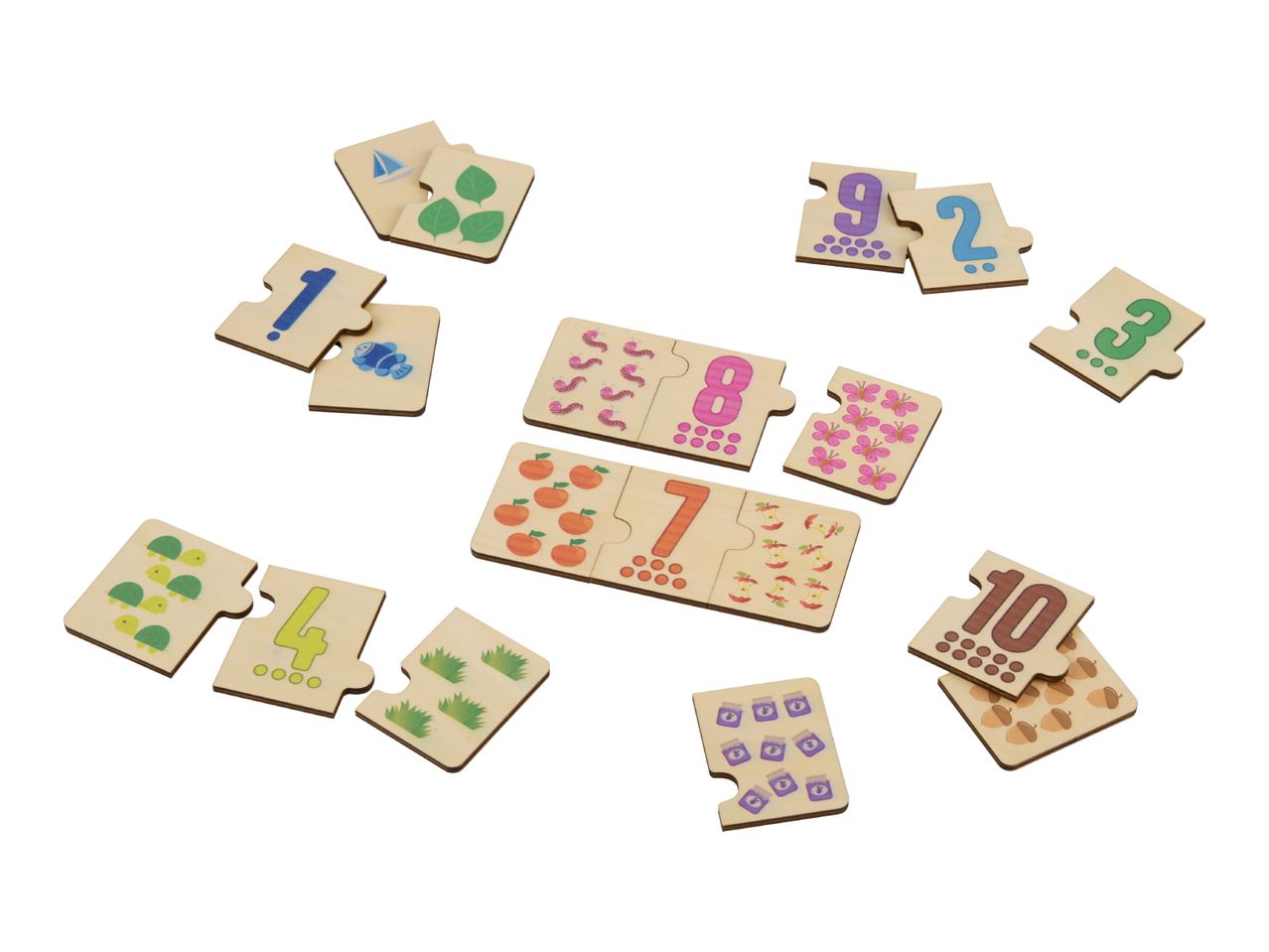 Wooden number puzzles with matching picture pieces for counting from 1 to 10.