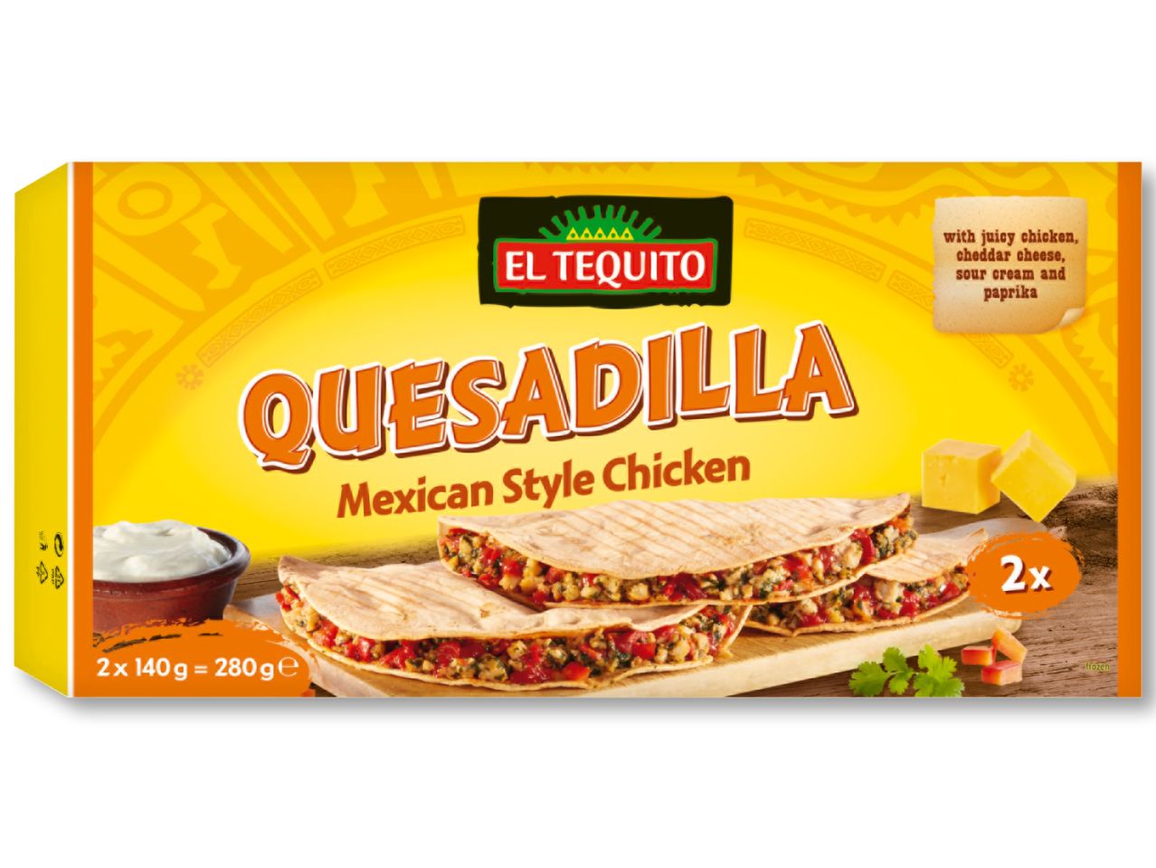 Кутия замразена кесадия El Tequito с пилешко месо, чедър, заквасена сметана и чушка.