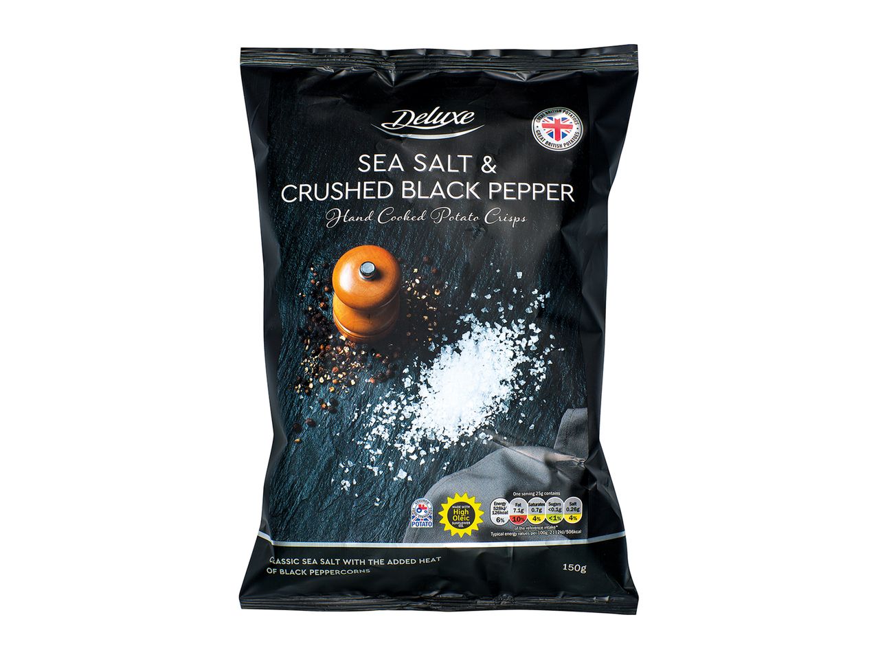 Deluxe hand cooked potato crisps with sea salt and crushed black pepper.