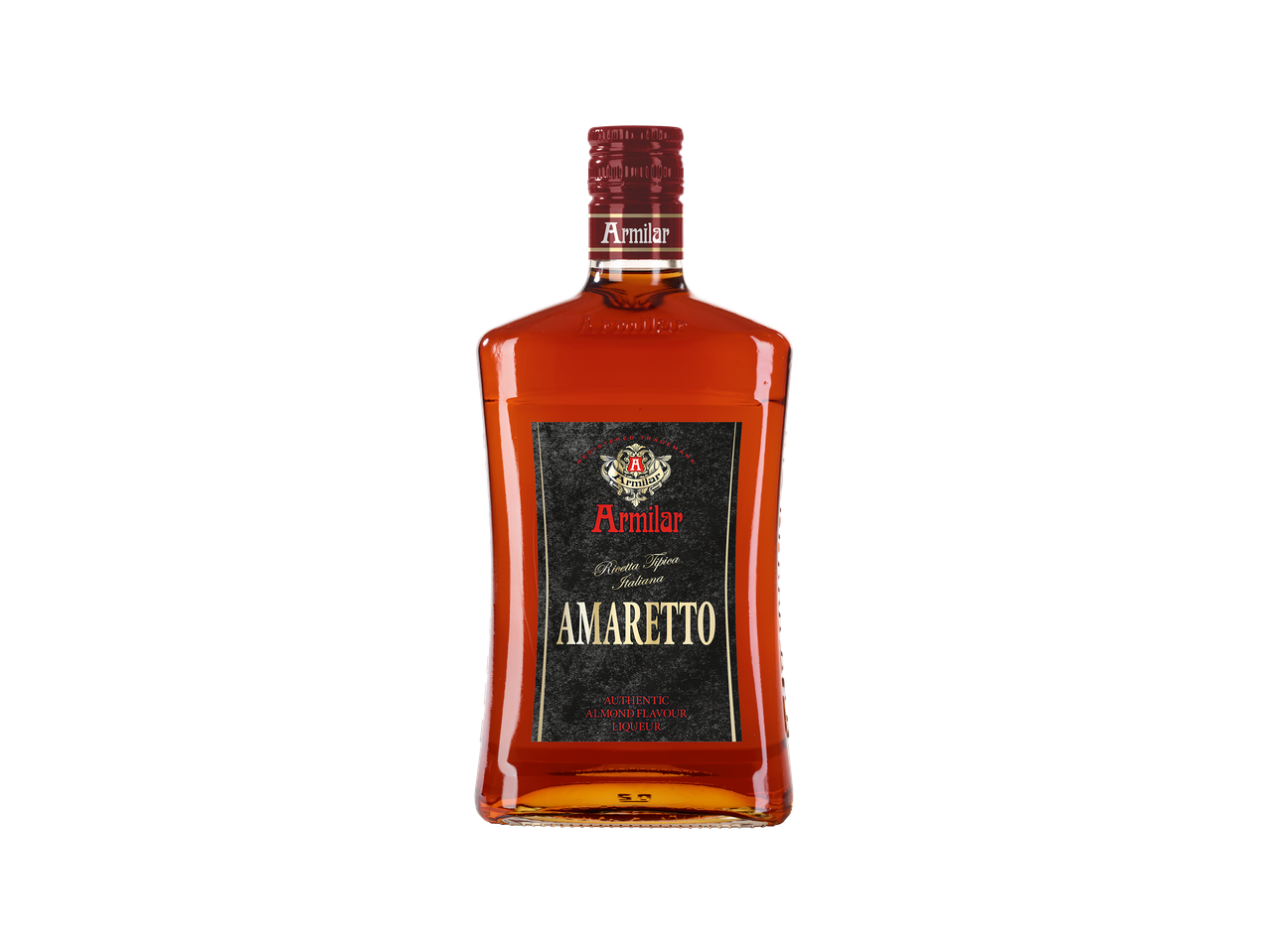 Bouteille d'Amaretto, liqueur italienne à saveur d'amande, sur fond noir.