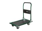 Green and black foldable platform trolley with a non-slip surface and four wheels.