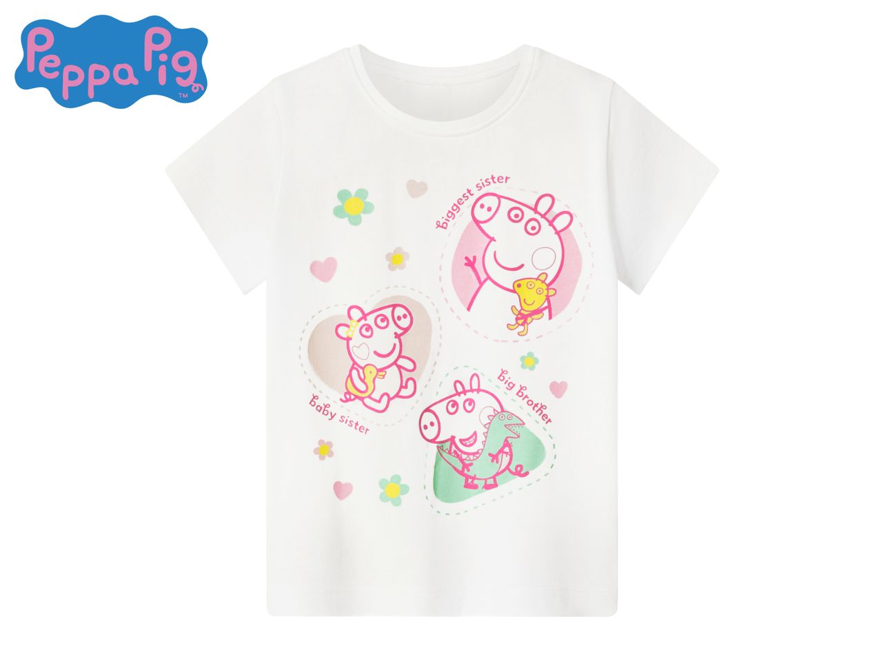 White short-sleeved t-shirt with Peppa Pig characters and text 'biggest sister', 'baby sister', 'big brother'.