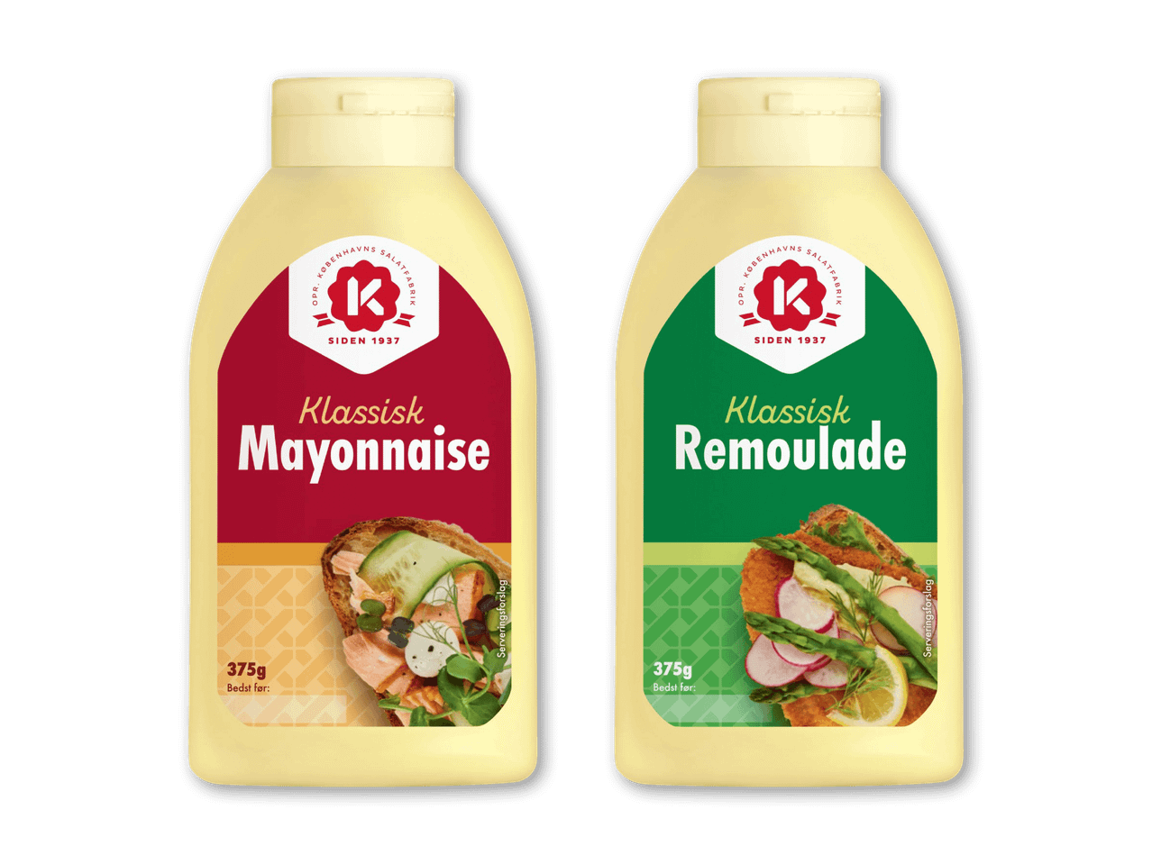 To flasker med klassisk mayonnaise og remoulade, begge 375g, med serveringsforslag.