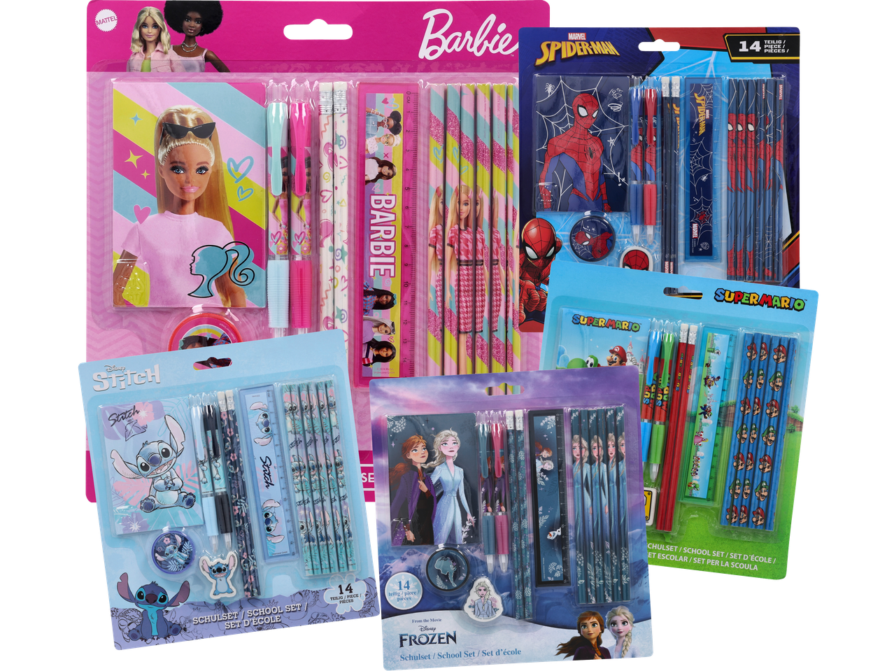 Skolmaterialset med Barbie, Spiderman, Stitch och Frozen-tema.