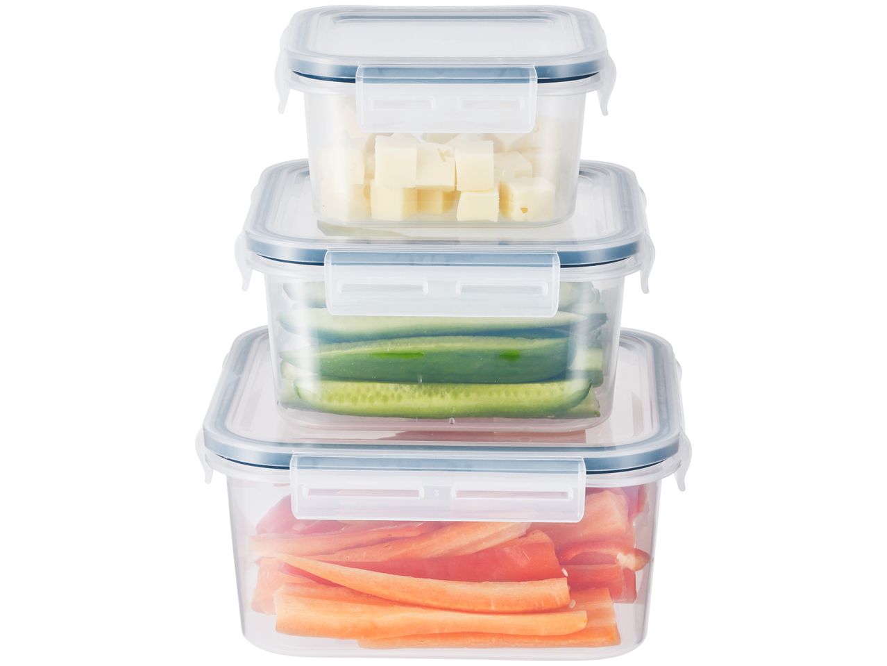 Three clear plastic food containers stacked, filled with cheese, cucumbers, and carrots.