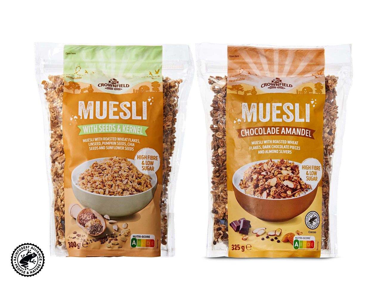 Crownfield muesli: met zaden en chocolade, veel vezels en weinig suiker.