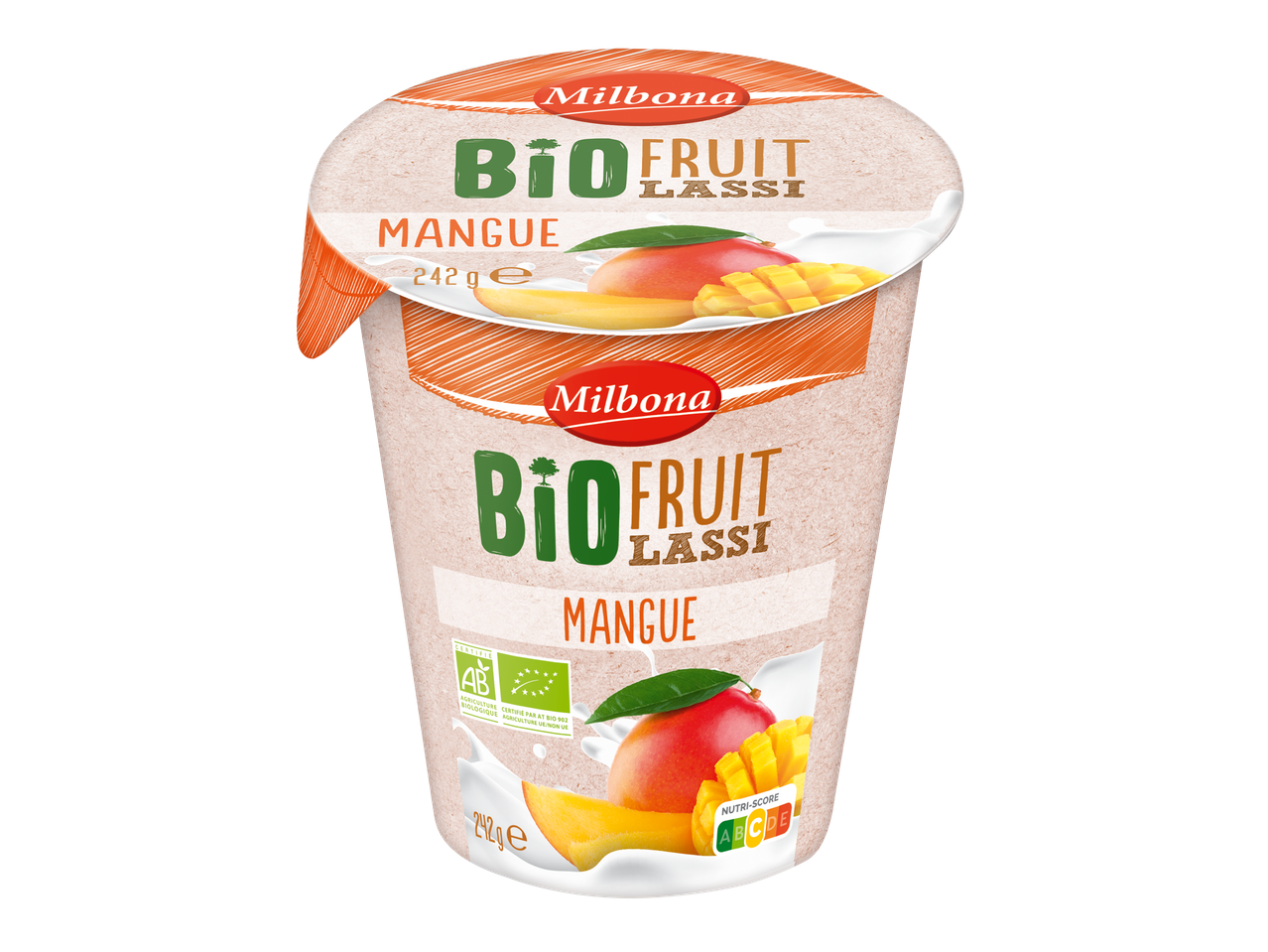 Yaourt lassi bio aux fruits et à la mangue, 242g, Nutri-Score A.