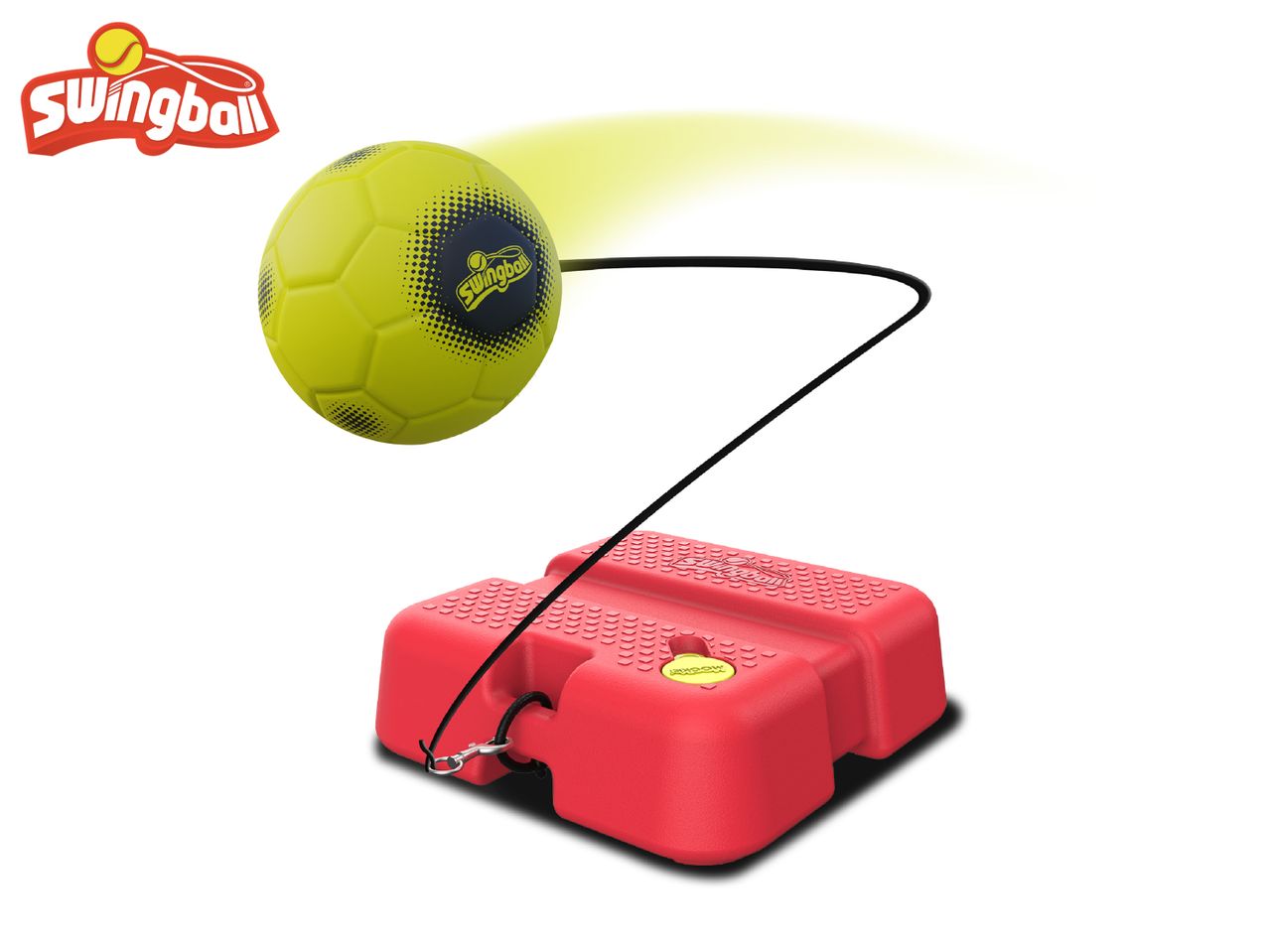 A yellow soccer ball attached to a red base by a black cord, with a motion blur effect.