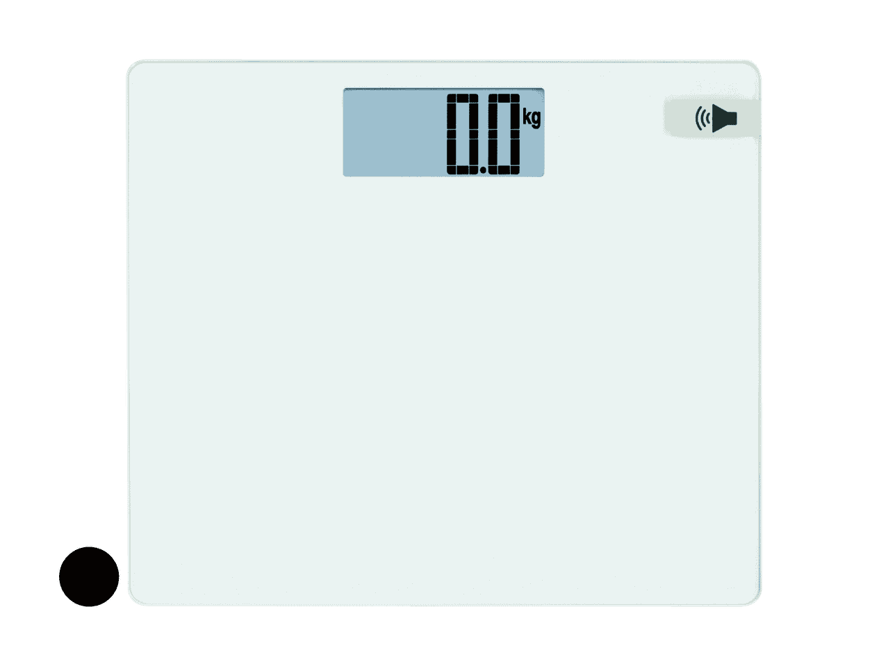 Pèse-personne numérique blanc avec affichage 0.0 kg et icône de son.