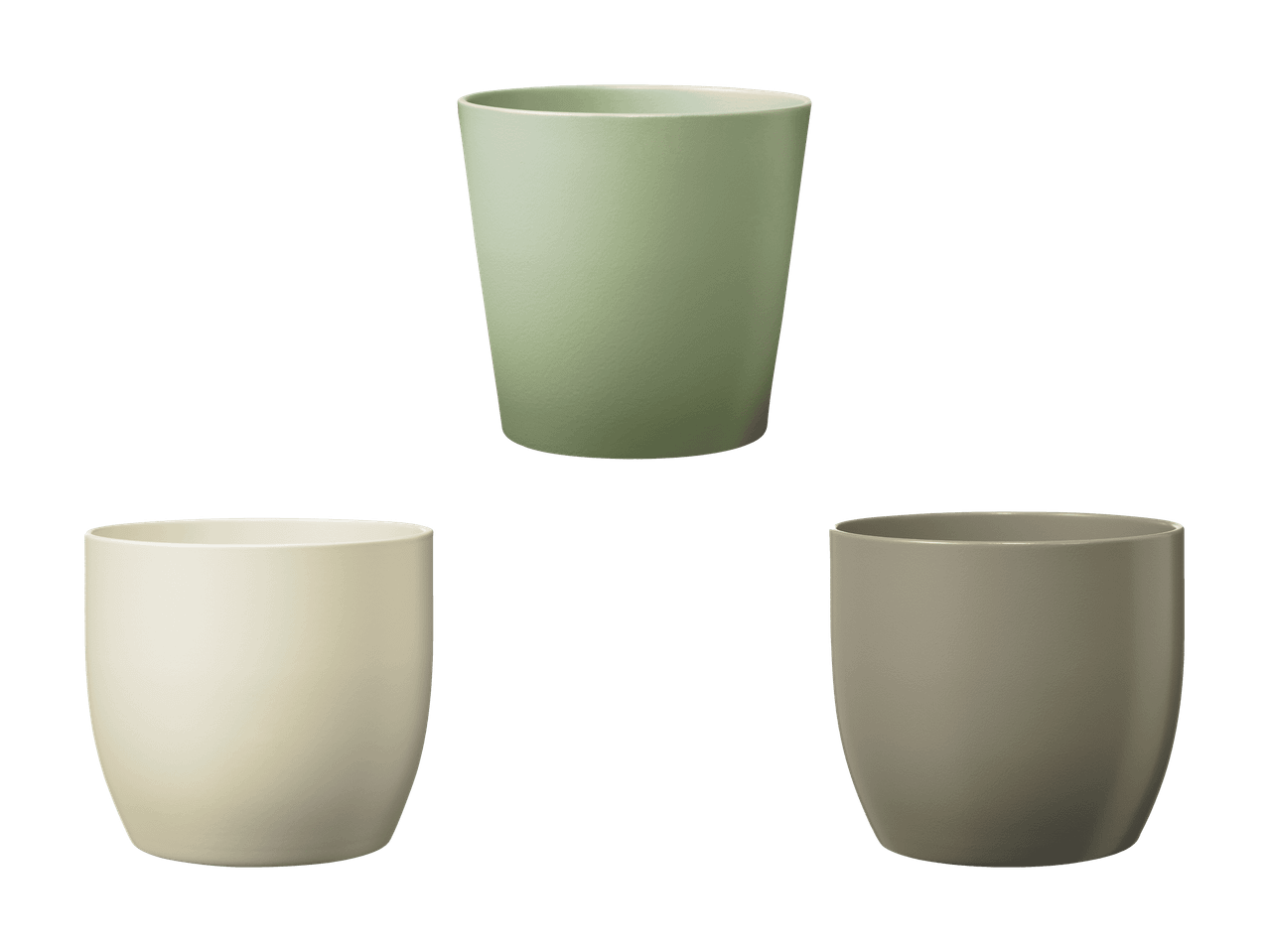 Trois tasses en céramique, une verte, une beige et une grise, sur fond noir.