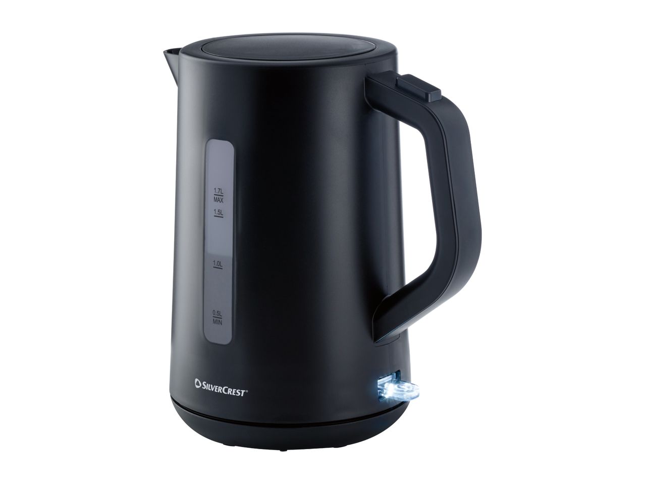 Black electric kettle with a water level indicator and an illuminated power switch.