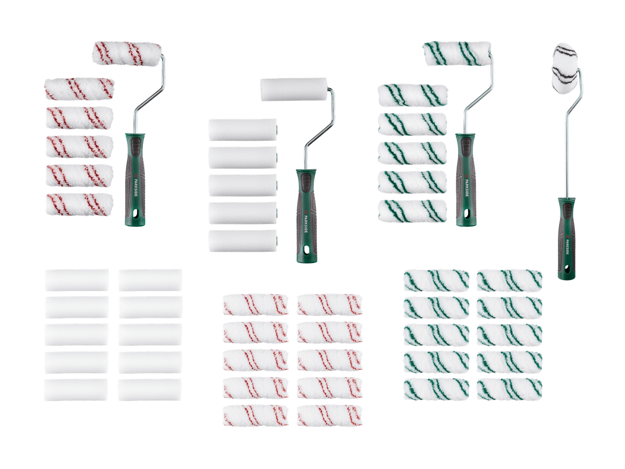 Un set di rulli e coprirulli per pittura in varie dimensioni e texture, inclusi bianco semplice, a strisce rosse, a strisce verdi e a strisce nere.