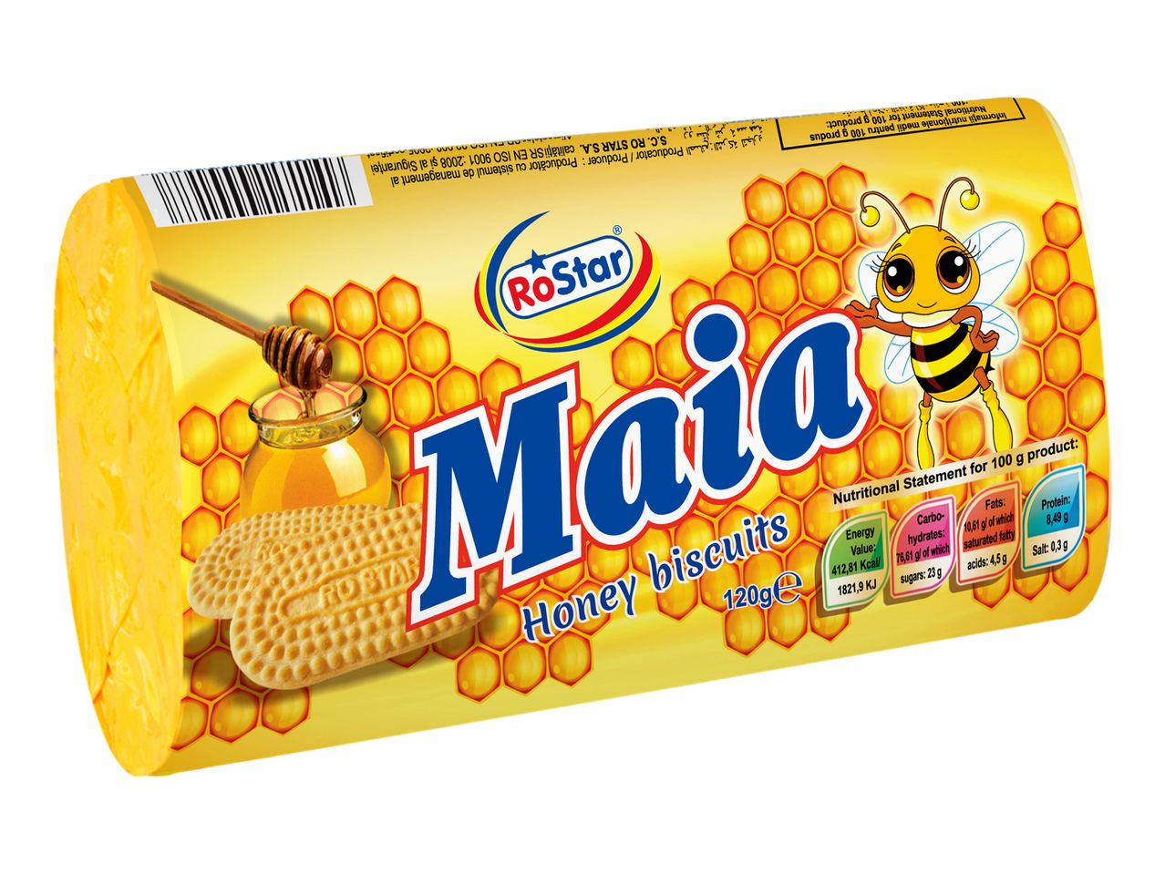 Biscuiți Maia cu miere RoStar, ambalaj galben cu albine.