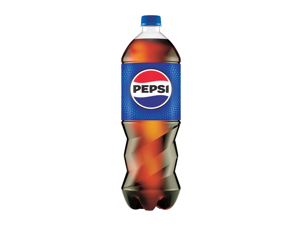 Sticla de Pepsi cu etichetă albastră.