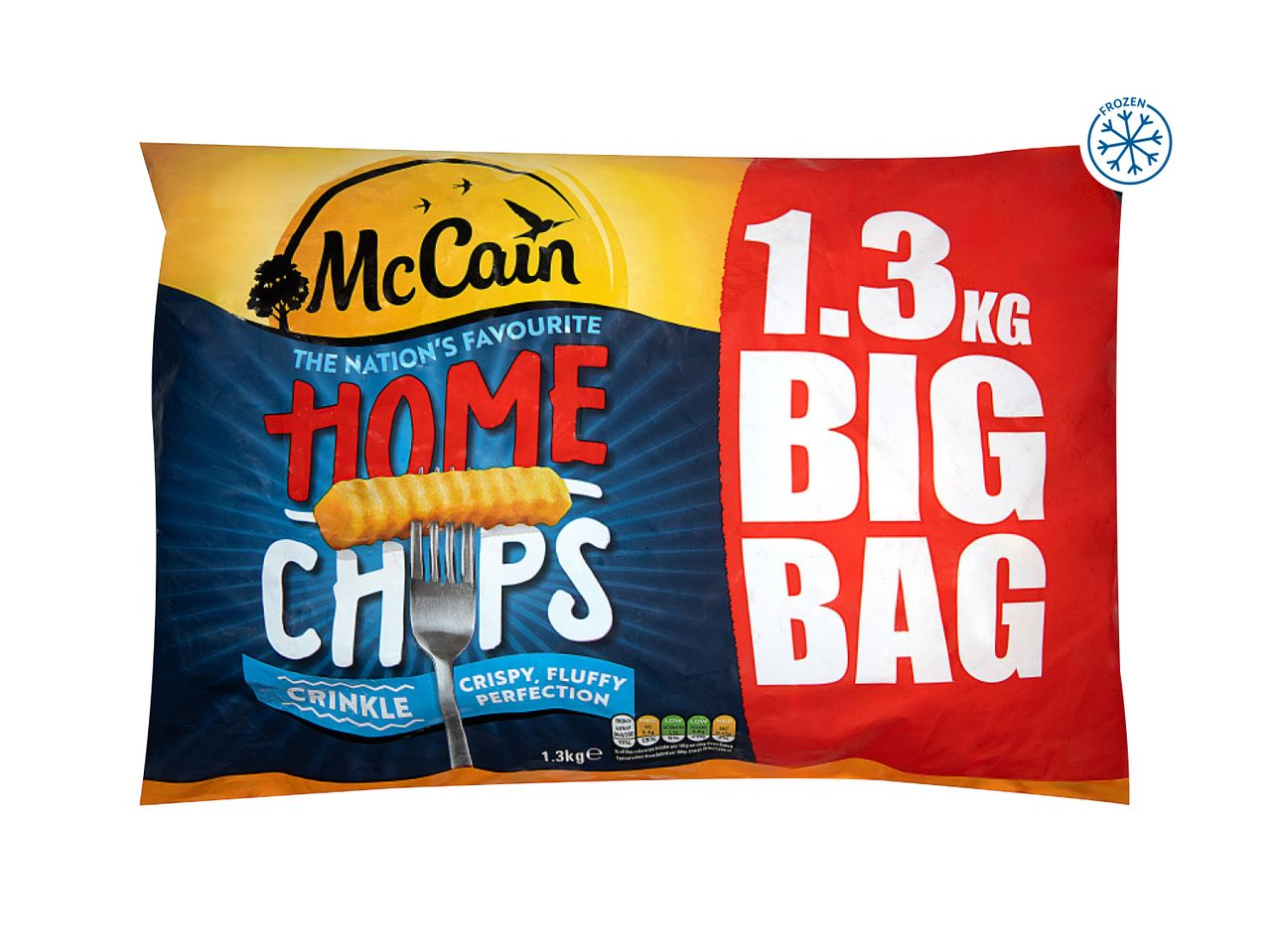 McCain 1.3kg Big Bag Home Chips, crinkle cut, crispy, fluffy perfection, frozen.