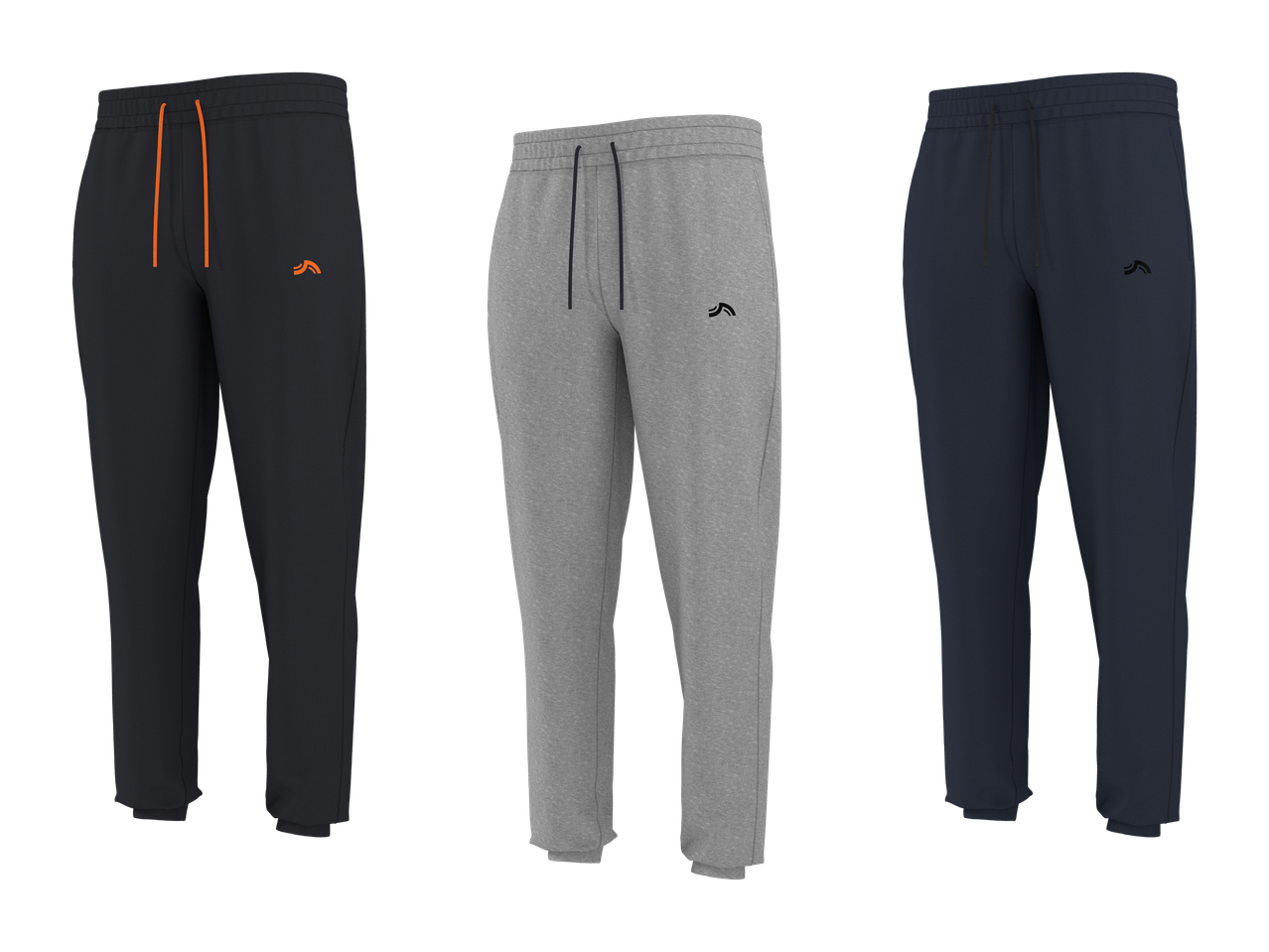 Trije pari moških trenirk v temno sivi, svetlo sivi in temno modri barvi.