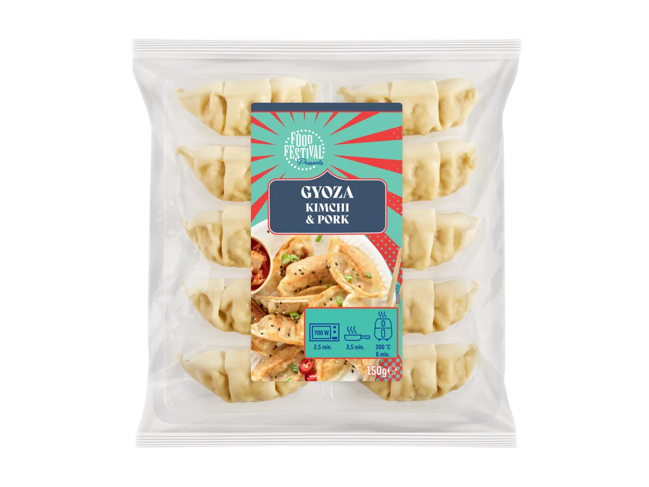 Food Festival Gyoza Kimchi & Pork, 150g, in a clear plastic package with cooking instructions.