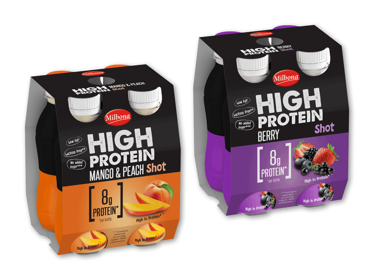 To 4-pakker med proteinshots, en med smag af mango og fersken og en med bærsmag, begge med 8g protein per flaske.