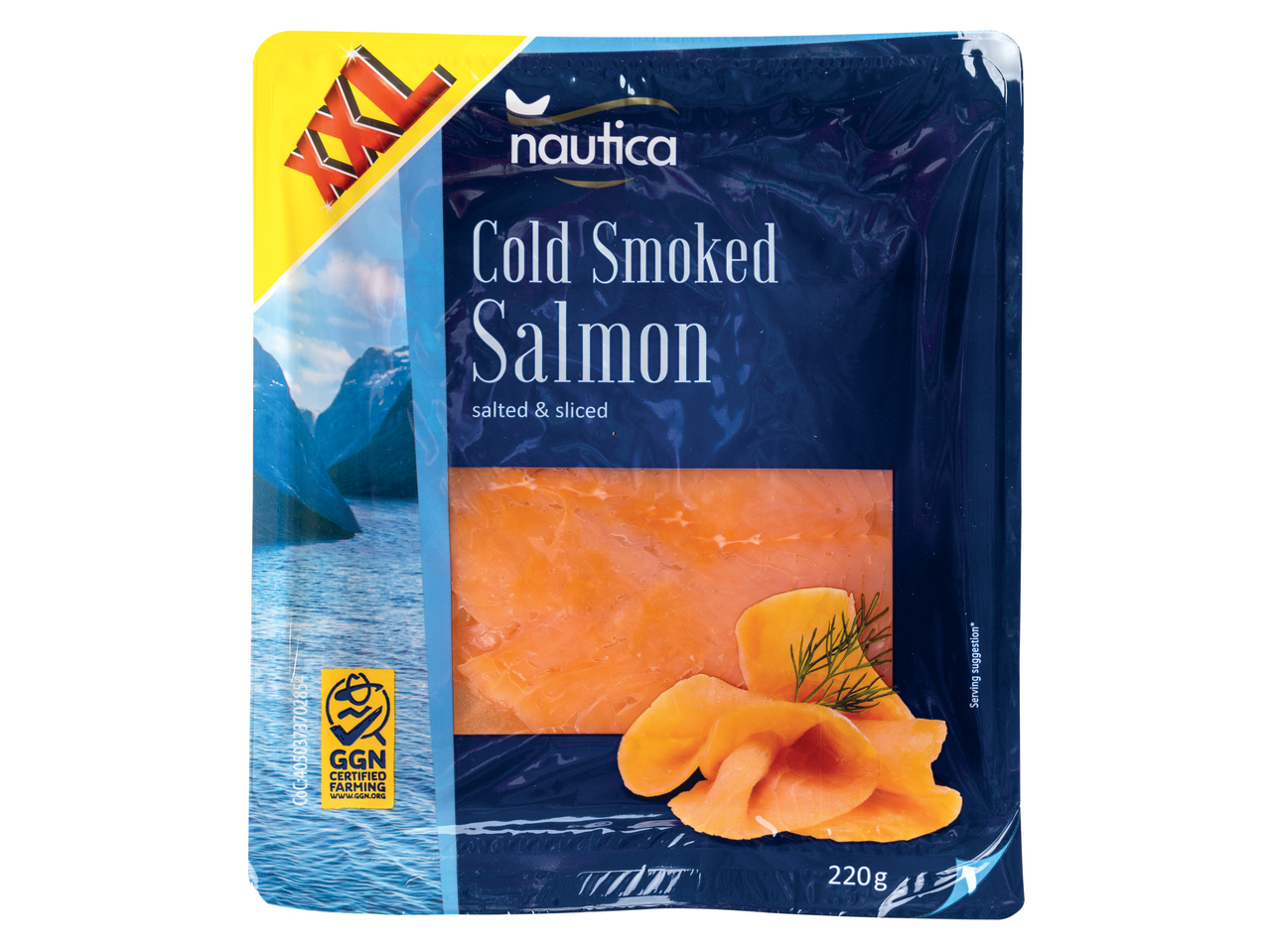 Pacote de salmão defumado Nautica XL, 220g, fatiado e salgado.