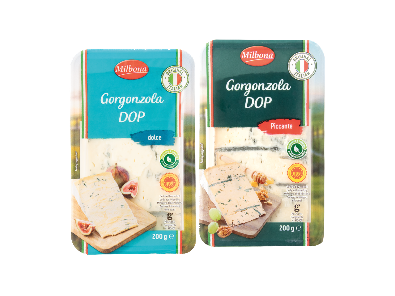 Dva pakiranja Milbona Gorgonzola DOP sira, dolce i piccante, svaki po 200 g.