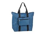 Blue foldable shopping bag with black handles and a front zippered pocket.