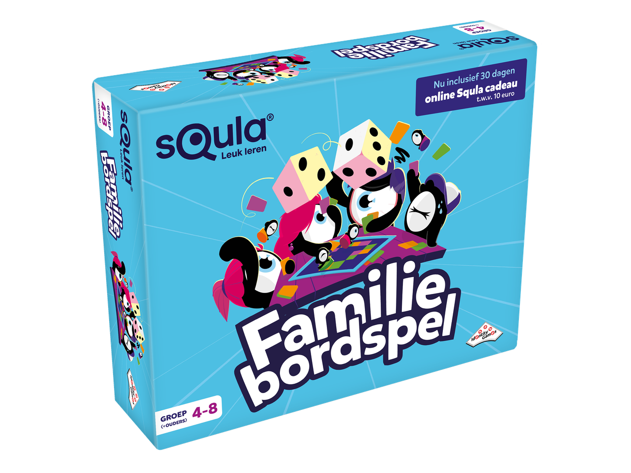 Een bordspel voor het hele gezin, met een vrolijk ontwerp en de tekst 'Familie bordspel'.
