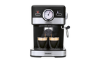 Espressor negru și argintiu cu două cești de cafea, cu un indicator de temperatură.