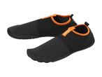 Pair of black and orange water shoes with textured fabric and pull tabs