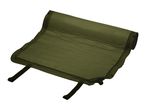 Olive green self-inflating camping mat, partially rolled up, with two black straps.