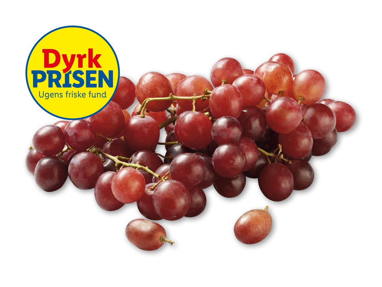 Røde druer med et gult logo, der siger 'Dyrk Prisen' og 'Ugens friske fund'.