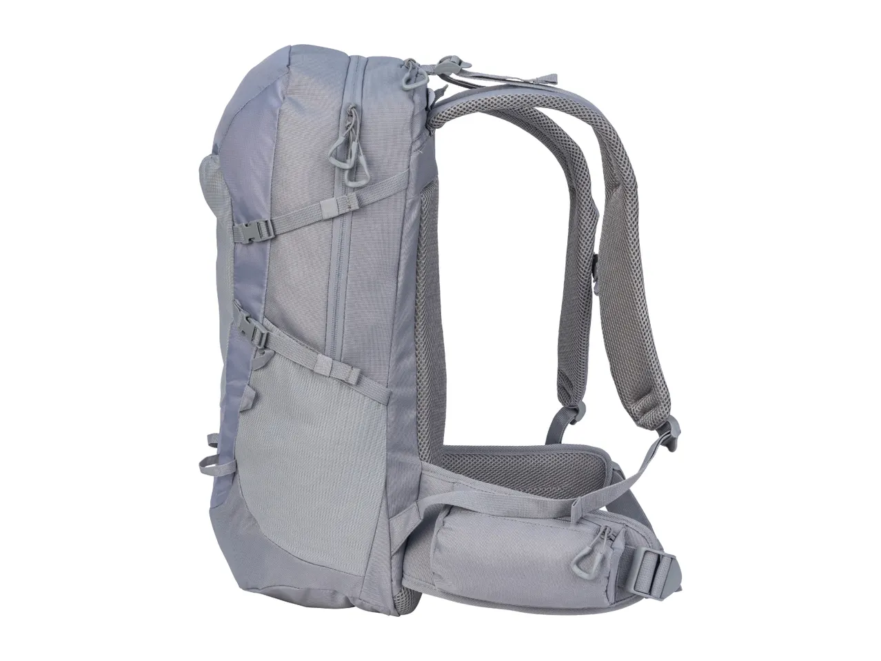 Light grey hiking backpack with padded shoulder straps and hip belt, side compression straps.