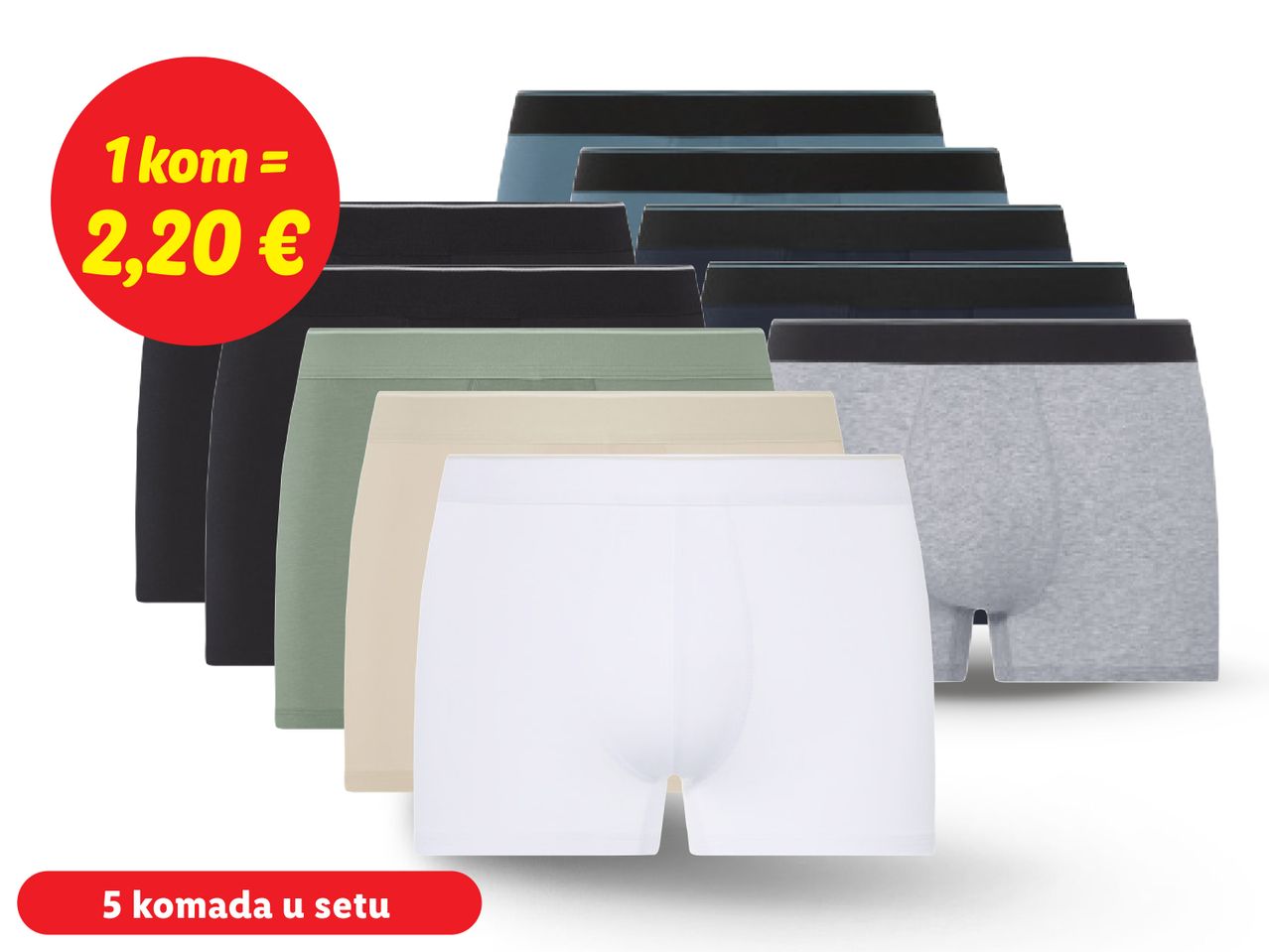 Set od 5 muških bokserica u različitim bojama, 1 komad = 2,20 €.