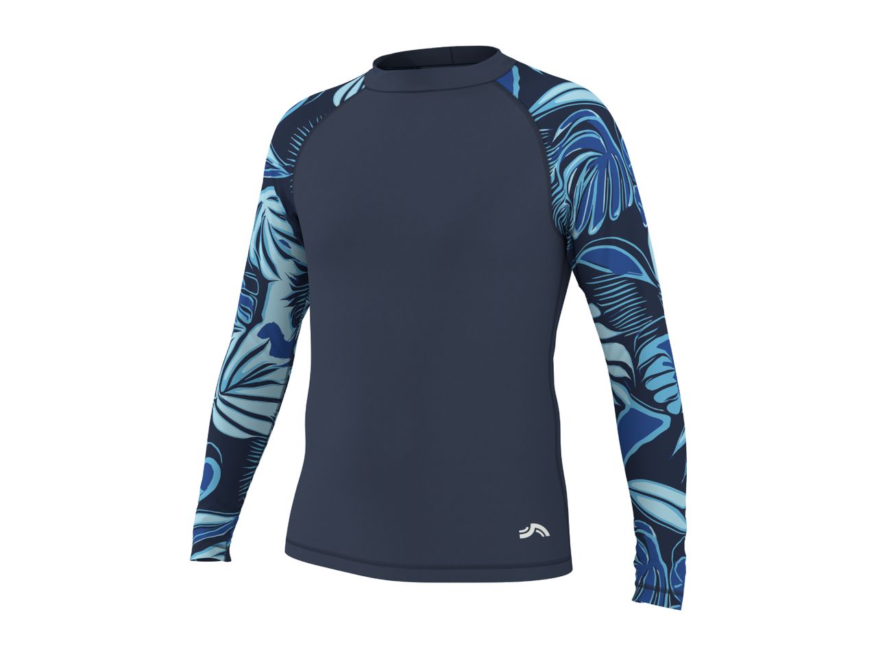 Navy blue long-sleeve rash guard with blue tropical leaf pattern on the sleeves.