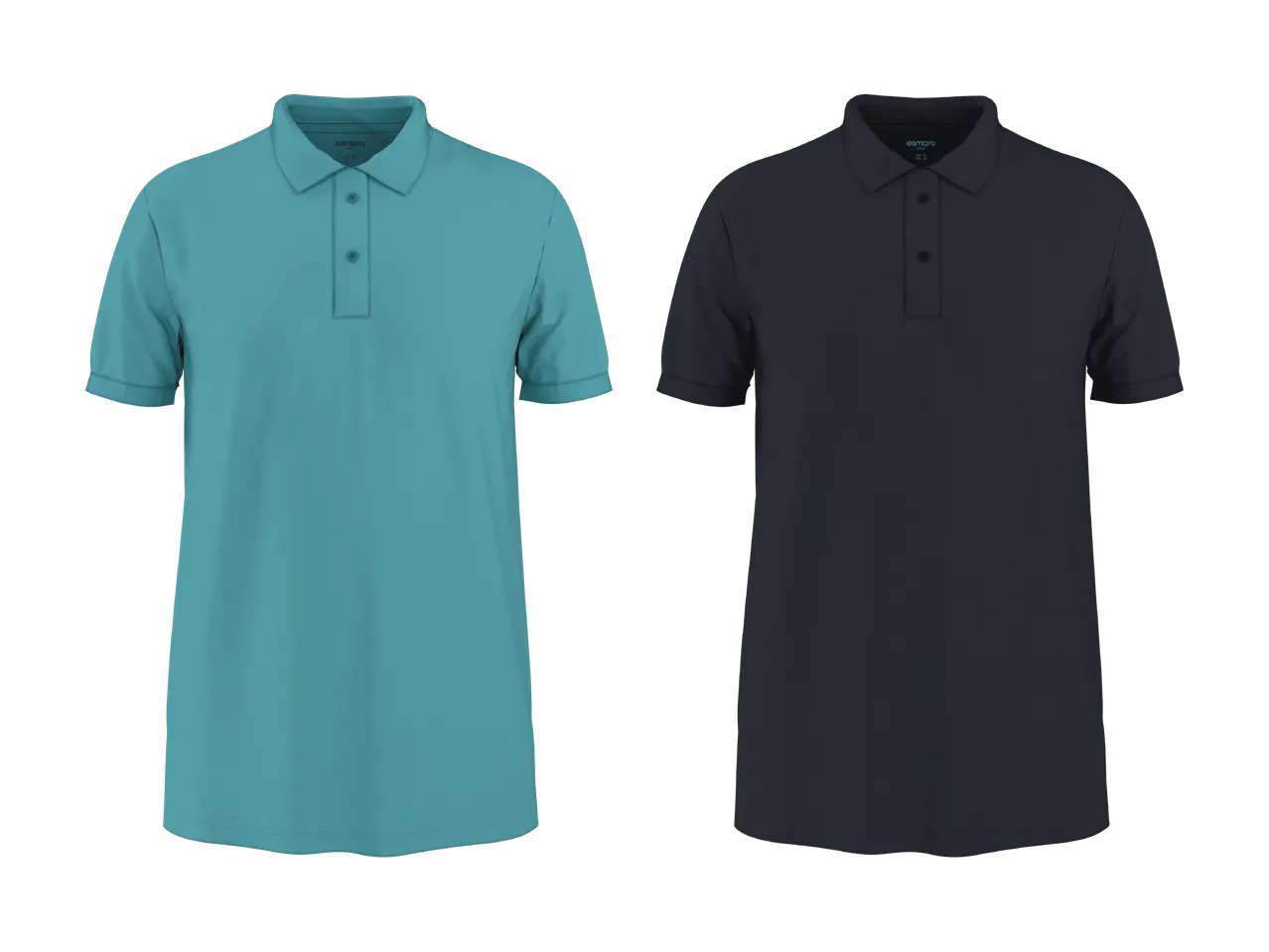 Deux polos pour hommes, un turquoise et un bleu foncé.